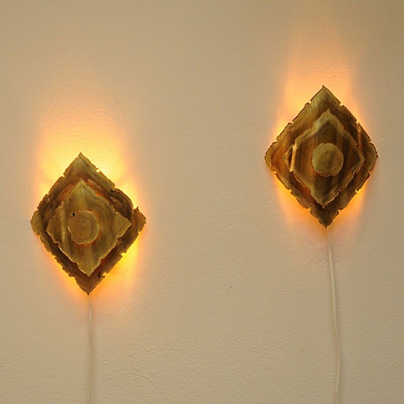 Vintage Pair of wall lamps Brutalist in Brass, by Svend Aage Holm-Sørensen, Danish 1960s