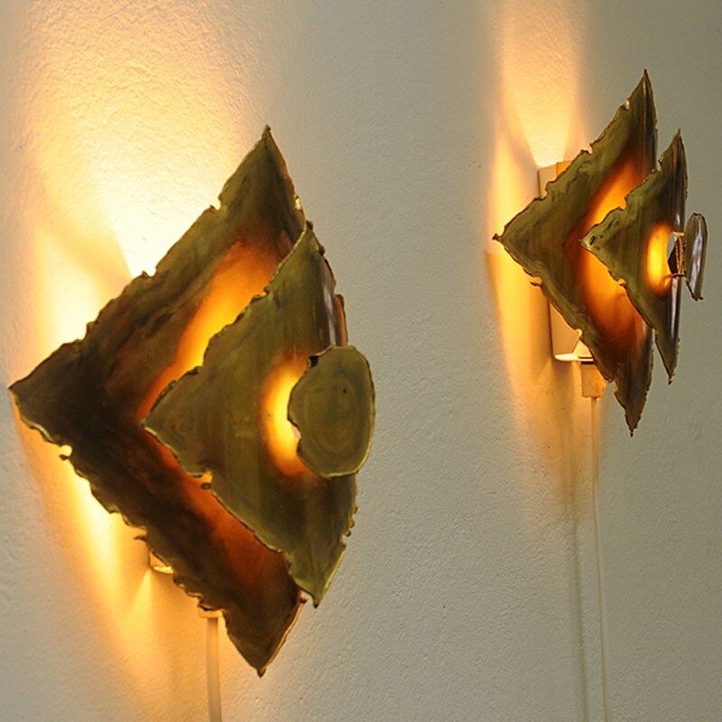 Vintage Pair of wall lamps Brutalist in Brass, by Svend Aage Holm-Sørensen, Danish 1960s