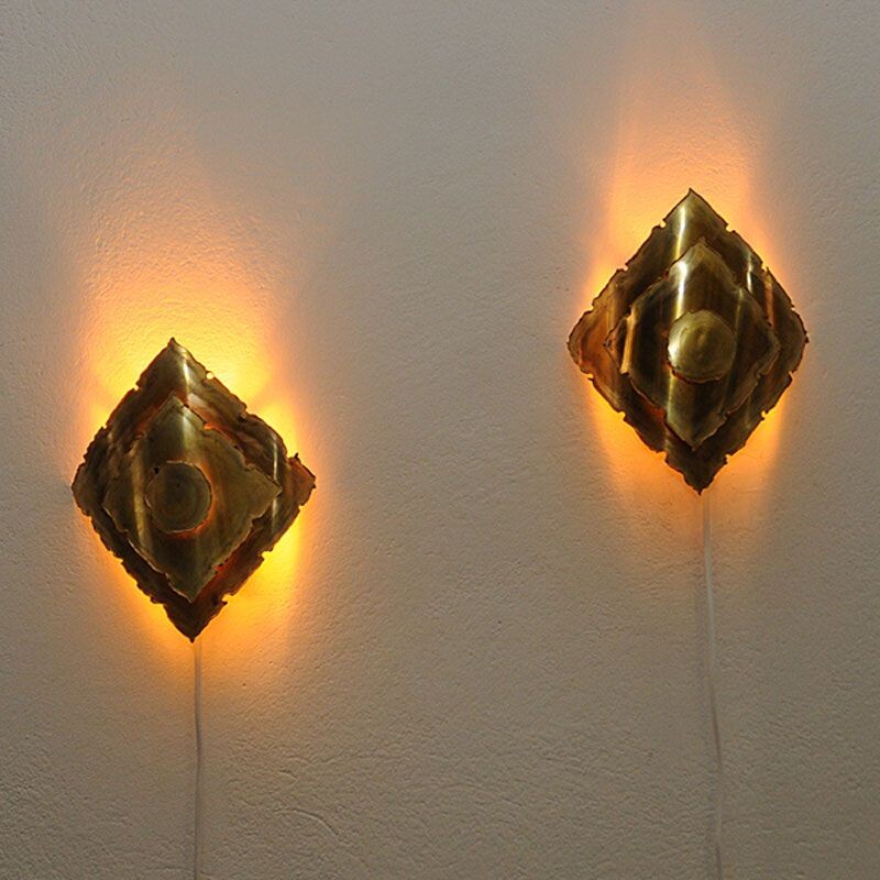 Vintage Pair of wall lamps Brutalist in Brass, by Svend Aage Holm-Sørensen, Danish 1960s