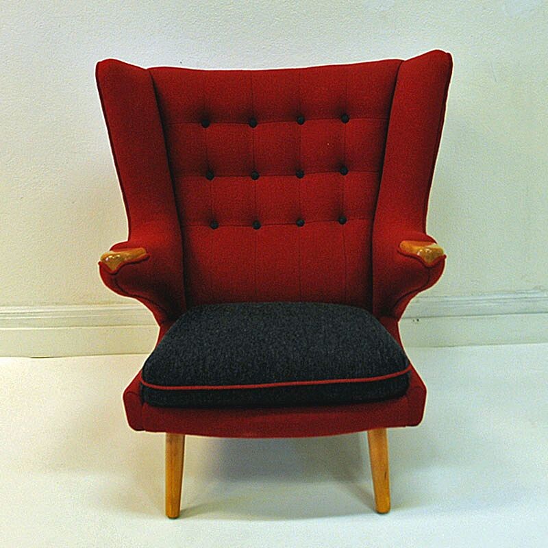 Fauteuil scandinave vintage en laine rouge par Nanna Ditzel, 1950