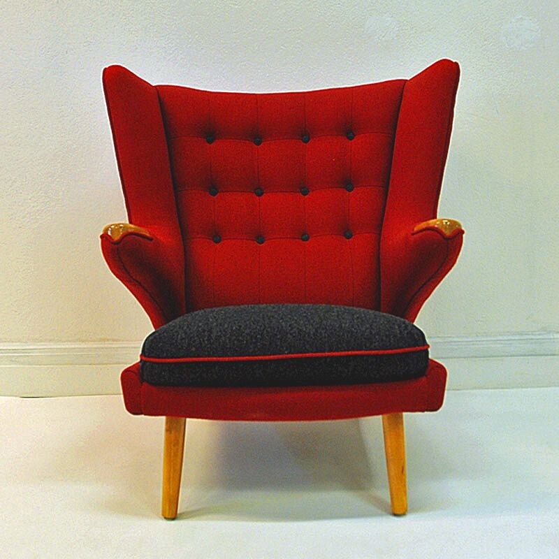 Vintage rode wollen scandinavische fauteuil van Nanna Ditzel, 1950