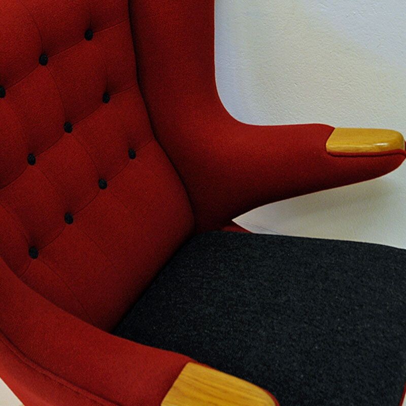 Cadeira de braços escandinava de lã vermelha Vintage por Nanna Ditzel, 1950