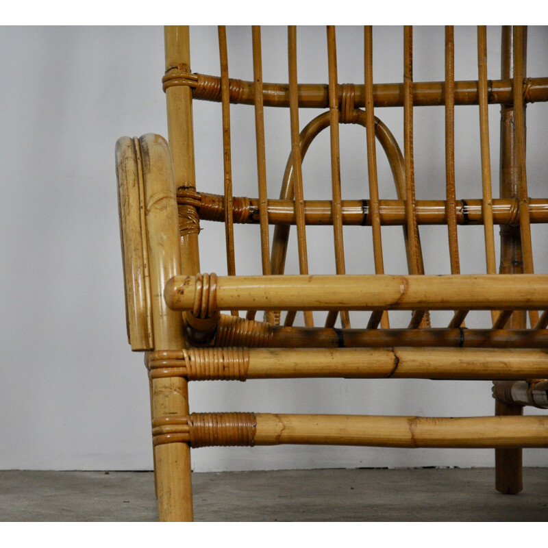 Vintage 3-seater bench in rattan