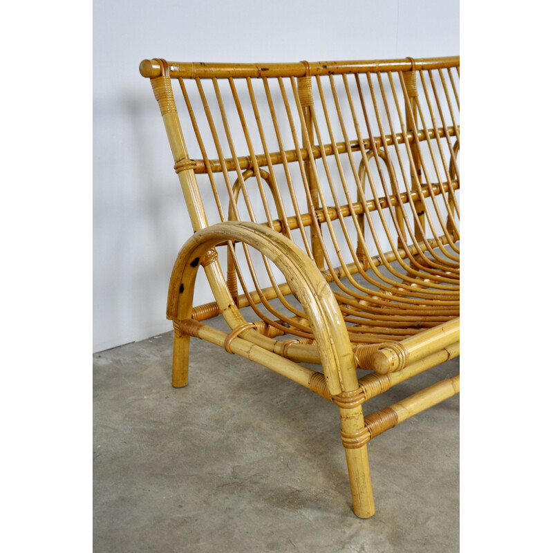 Vintage 3-seater bench in rattan