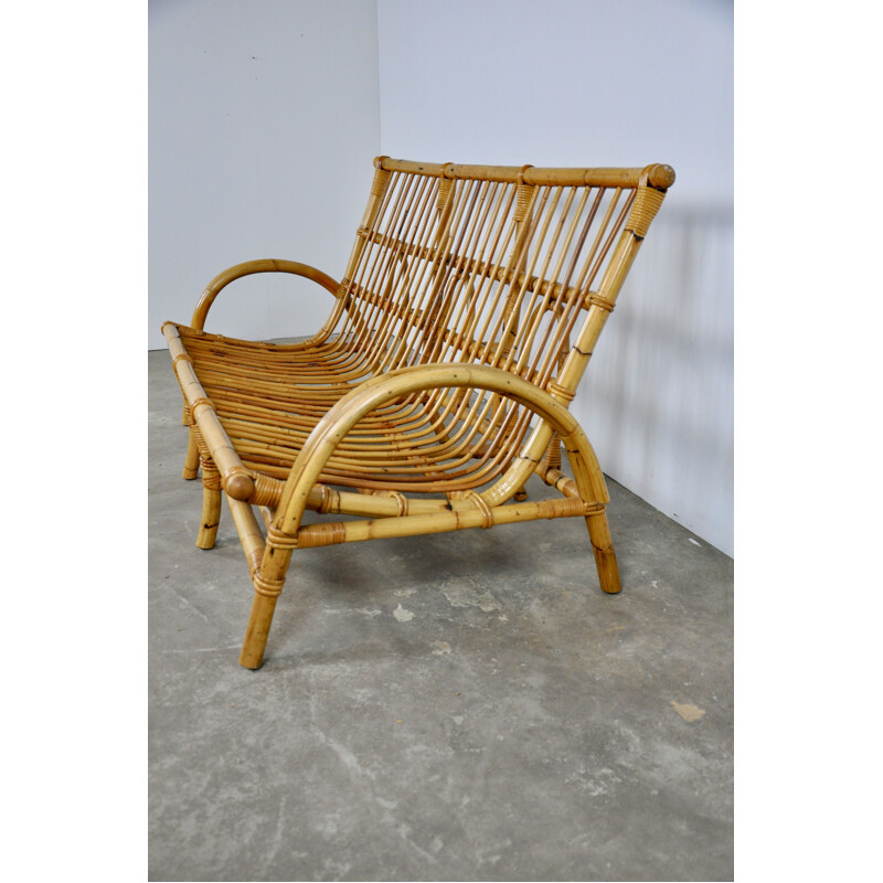 Vintage 3-seater bench in rattan