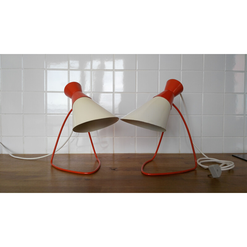 Pair of vintage red and white metal lamps by J. Hůrka for Napako, 1960