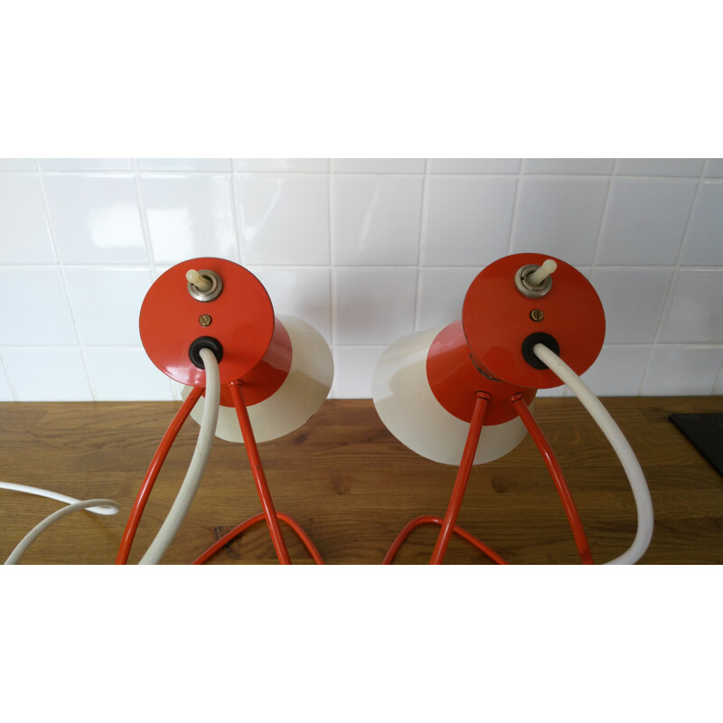 Pair of vintage red and white metal lamps by J. Hůrka for Napako, 1960