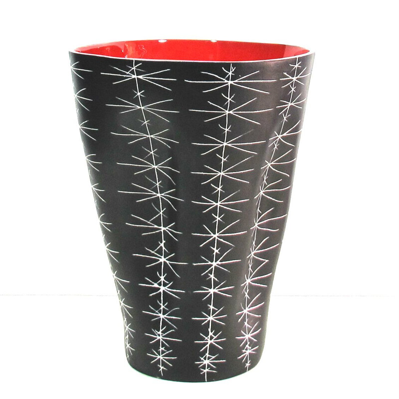 Vintage vase by Lespinasse in black and red ceramic 1950