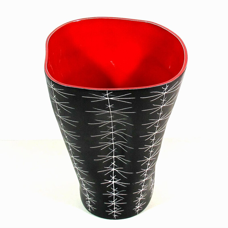 Vase vintage de Lespinasse en céramique noire et rouge 1950