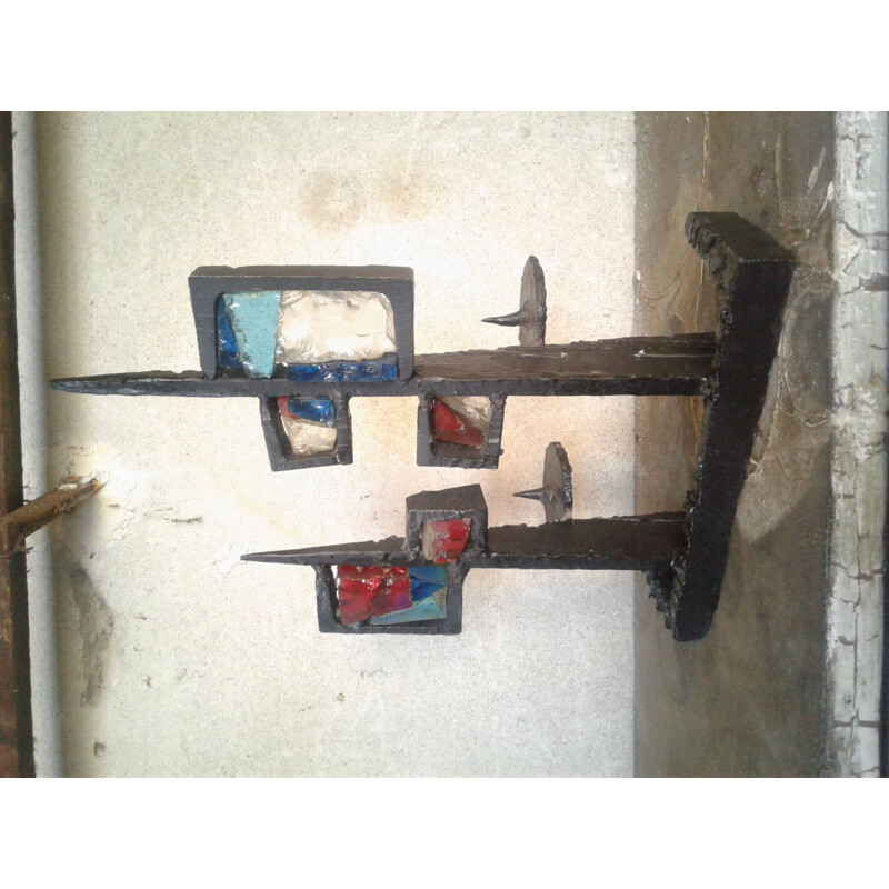 vintage candlestick, brutalist, metal and glass 