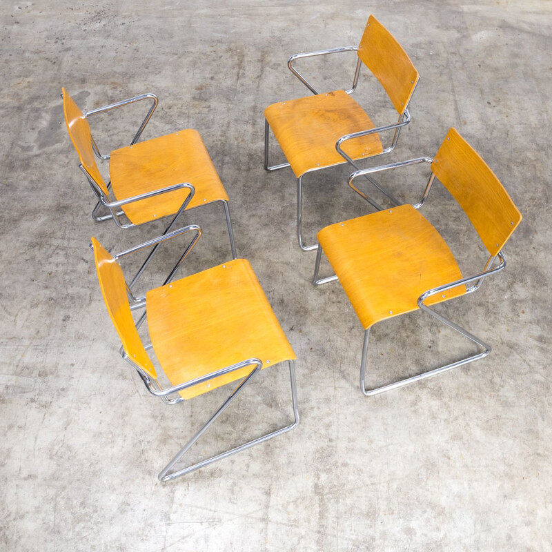 Set of 4 vintage dining chairs in plywood metal frame, 1970s