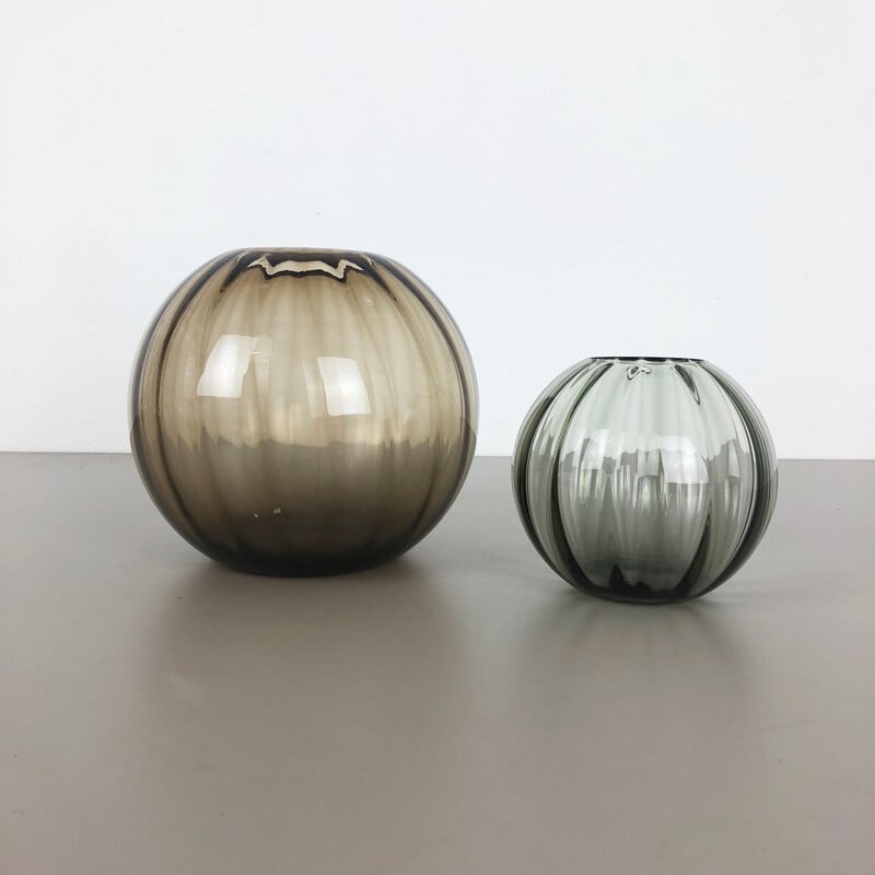 Set of 2 vintage brown ball vases for WMF Germany in glass