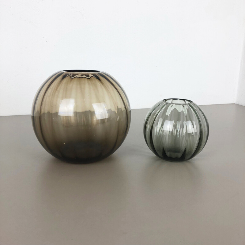 Set of 2 vintage brown ball vases for WMF Germany in glass