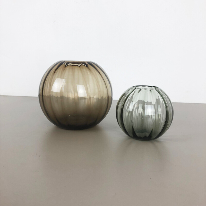 Set of 2 vintage brown ball vases for WMF Germany in glass