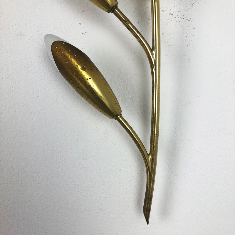Vintage french floral sconce in brass and metal 1950