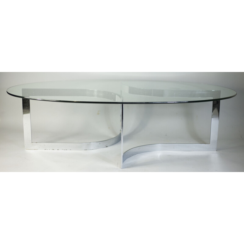 French vintage Elliptique table by Legeard in glass and chromed steel 1970