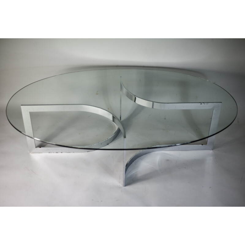 French vintage Elliptique table by Legeard in glass and chromed steel 1970