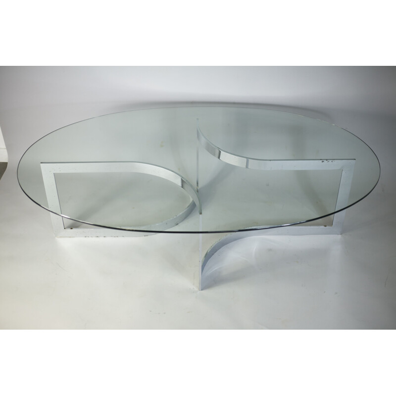 French vintage Elliptique table by Legeard in glass and chromed steel 1970