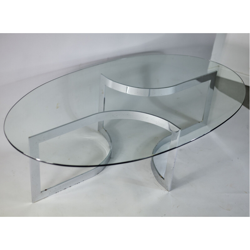 French vintage Elliptique table by Legeard in glass and chromed steel 1970