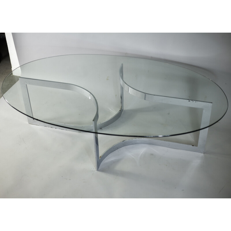 French vintage Elliptique table by Legeard in glass and chromed steel 1970