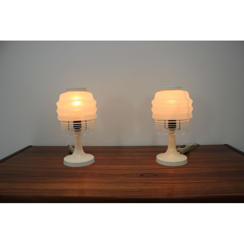 Pair of vintage metal and glass lamps by Valašské Meziříčí, Czechoslovakia 1970