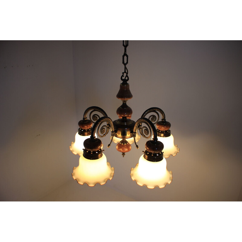 Set of 6 vintage chandeliers in brass and marble 1980