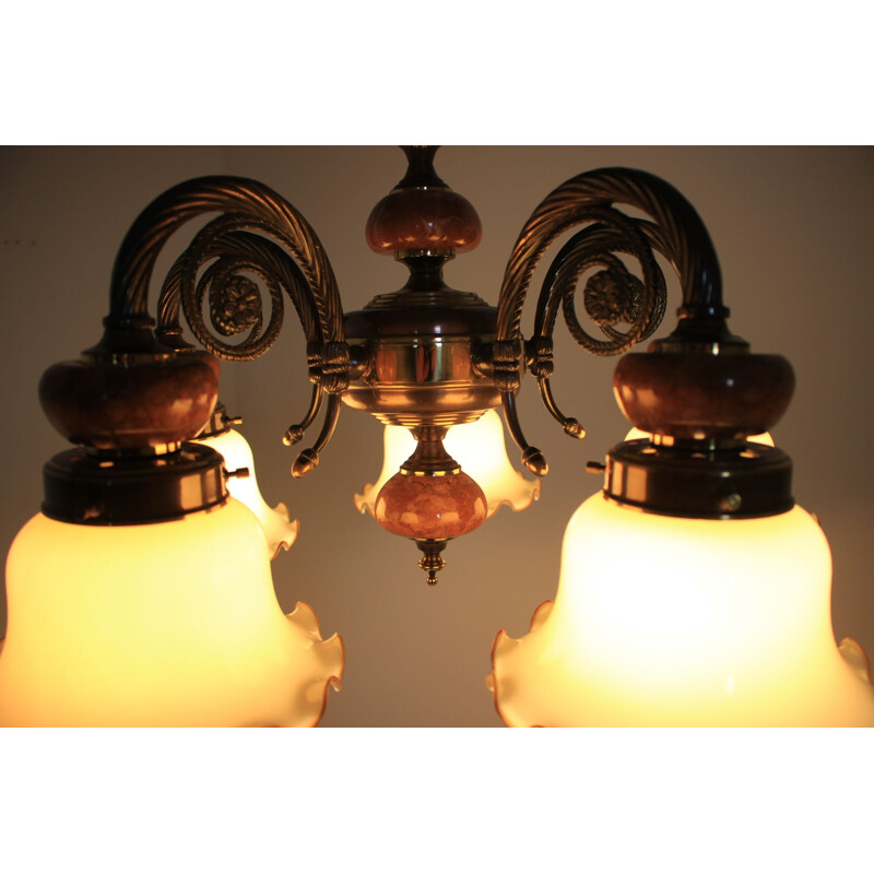 Set of 6 vintage chandeliers in brass and marble 1980