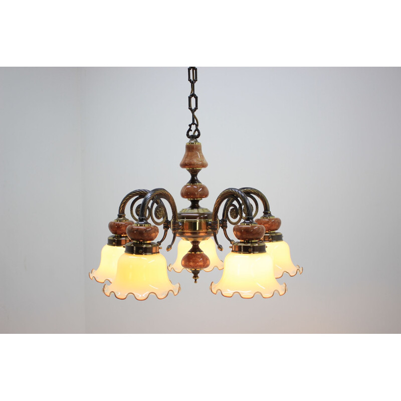 Set of 6 vintage chandeliers in brass and marble 1980