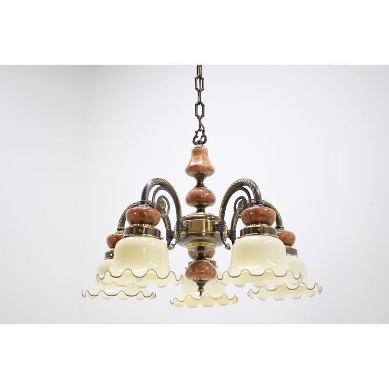 Set of 6 vintage chandeliers in brass and marble 1980
