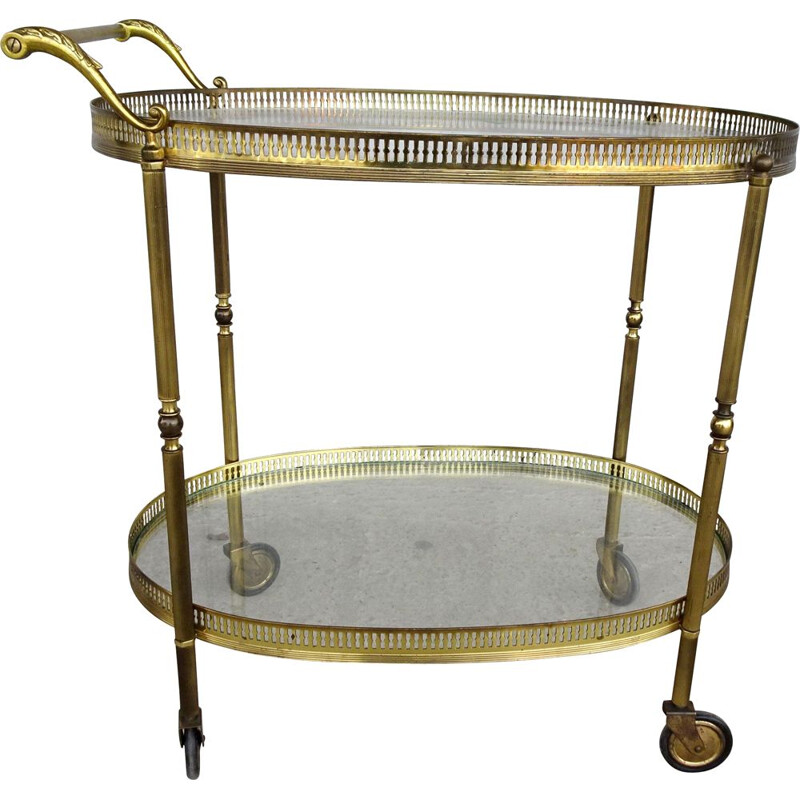 Vintage serving trolley golden with glass tops