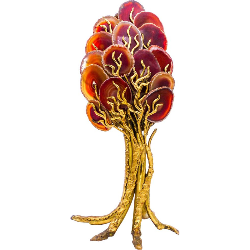 Vintage tree in brass and agate sculpture lamp