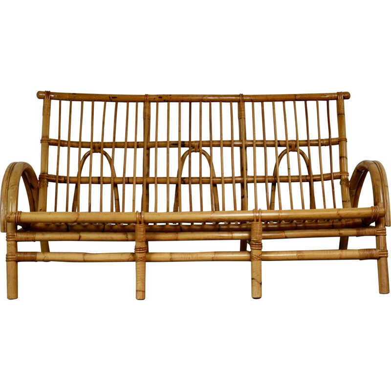 Vintage 3-seater bench in rattan