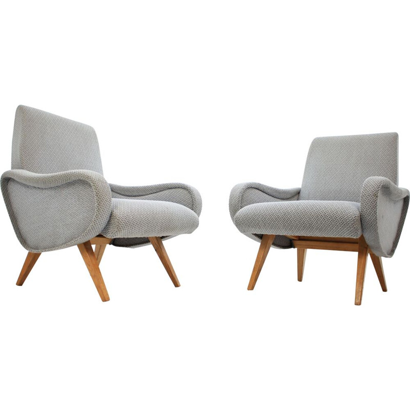 Pair of vintage armchairs in gray fabric and wood 1970