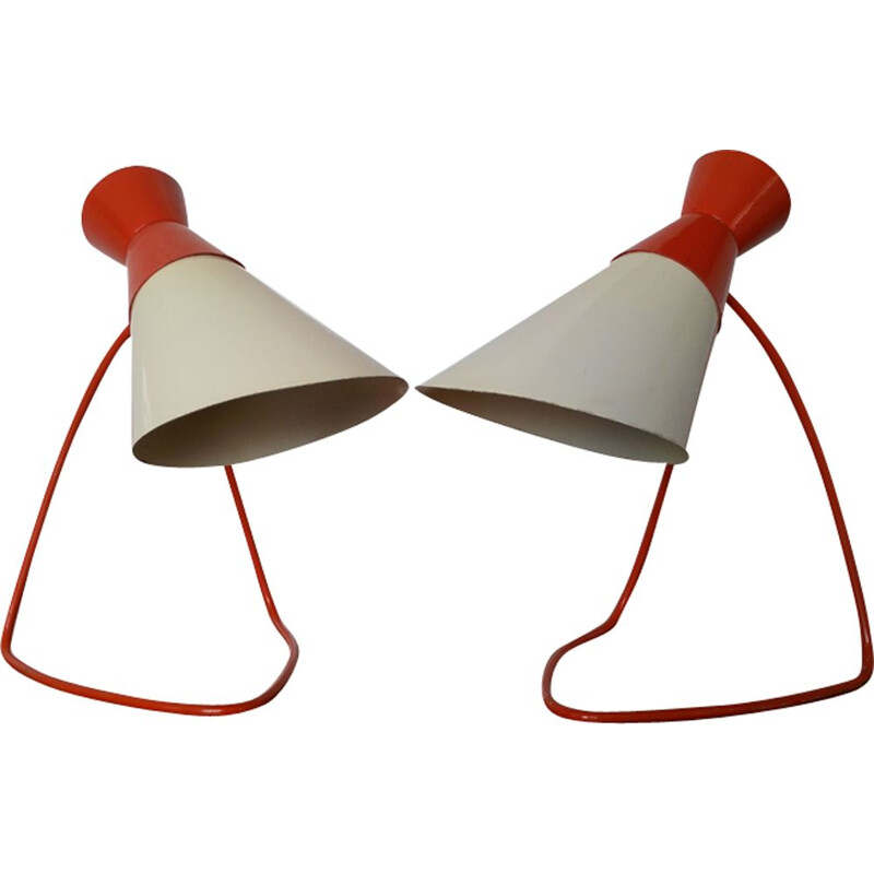 Pair of vintage red and white metal lamps by J. Hůrka for Napako, 1960