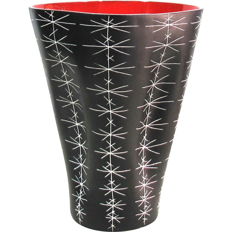 Vase vintage de Lespinasse en céramique noire et rouge 1950