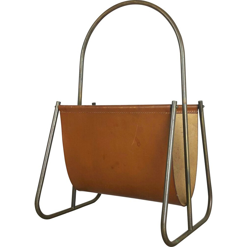 Vintage magazine rack in brass and leather model 4019 by Carl Auböck Werkstätte Aubock, Austria, 1950s 