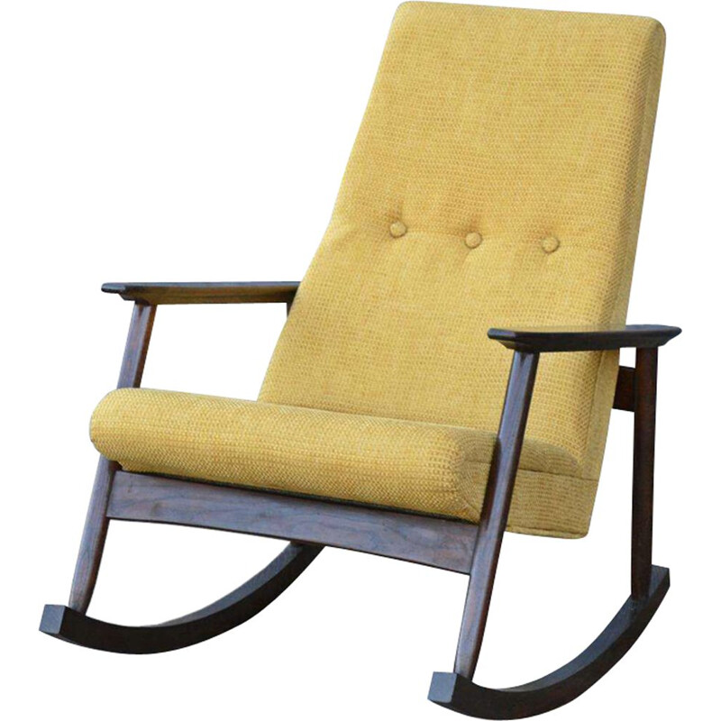Vintage Ąžuolas rocking chair for Vilniaus Baldų Kombinatas in yellow fabric and oak 1960