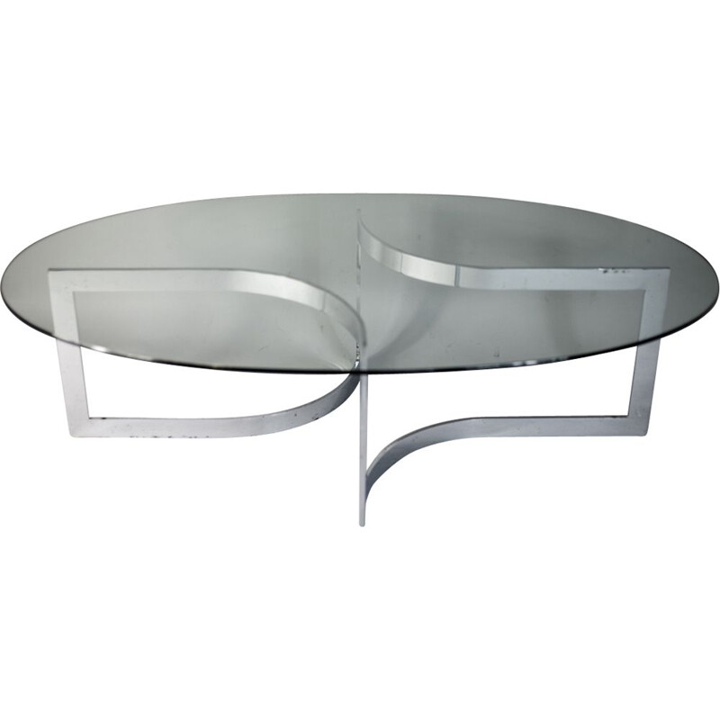 French vintage Elliptique table by Legeard in glass and chromed steel 1970