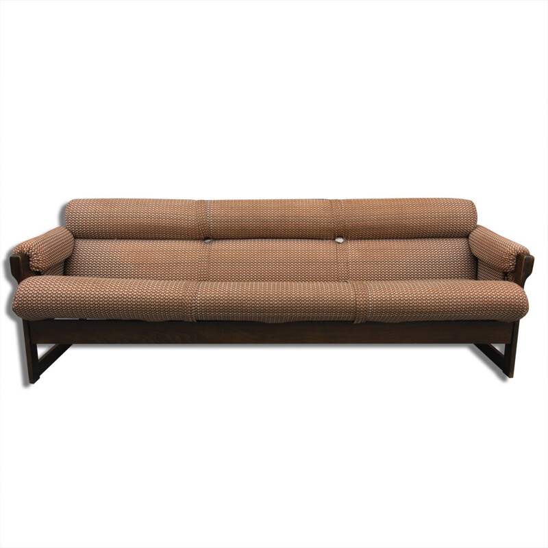Vintage sofabed for Hikor Písek in brown fabric and oakwood 1980