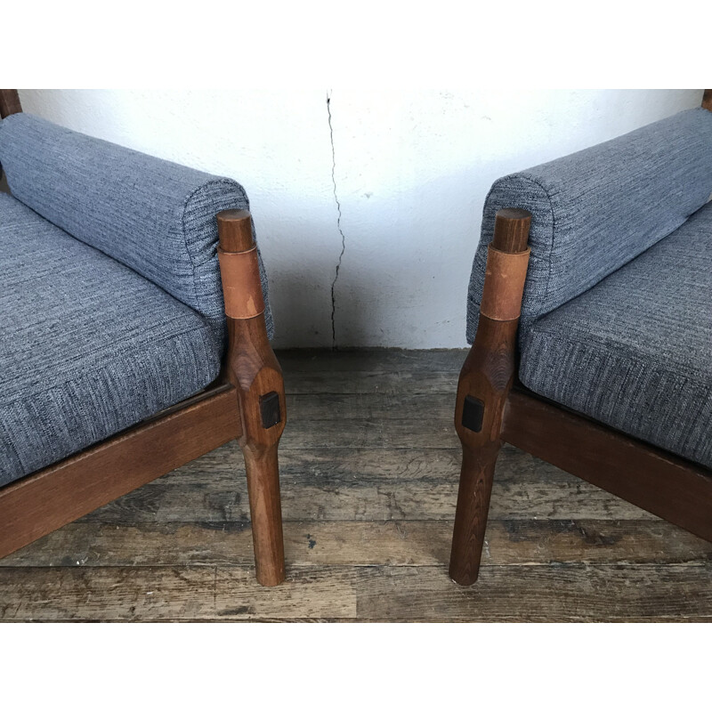 Pair of grey armchairs in teak