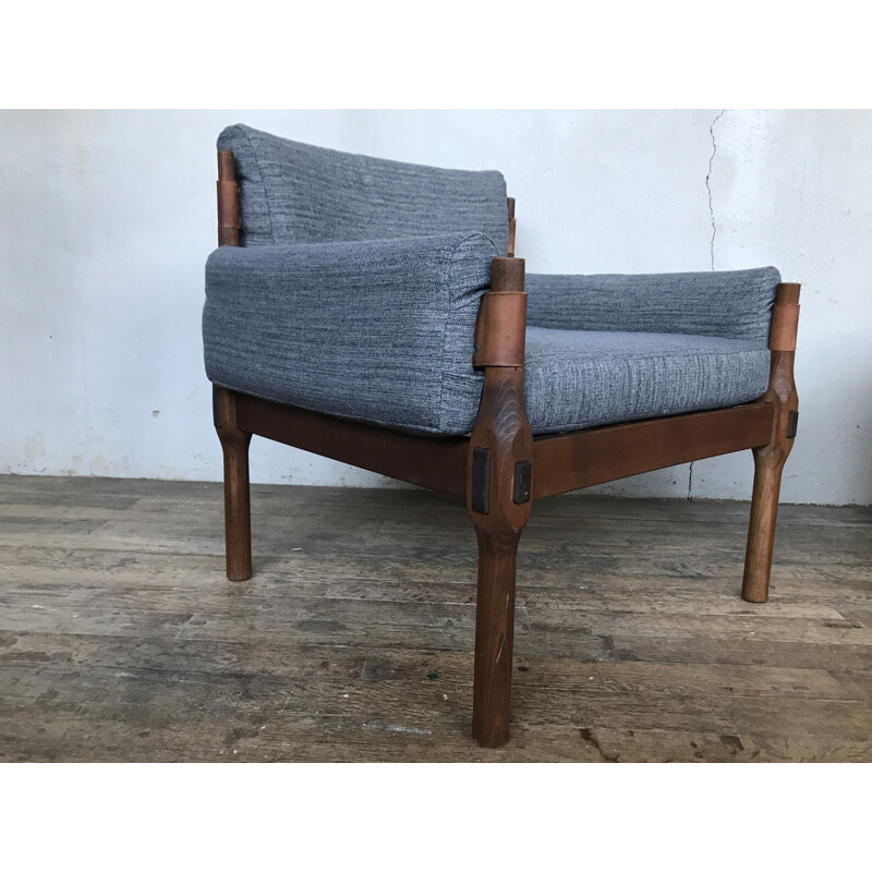 Pair of grey armchairs in teak
