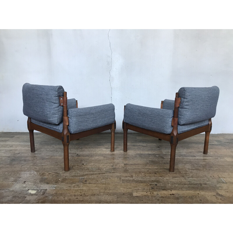 Pair of grey armchairs in teak