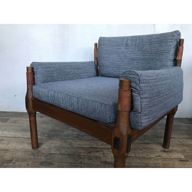 Pair of grey armchairs in teak