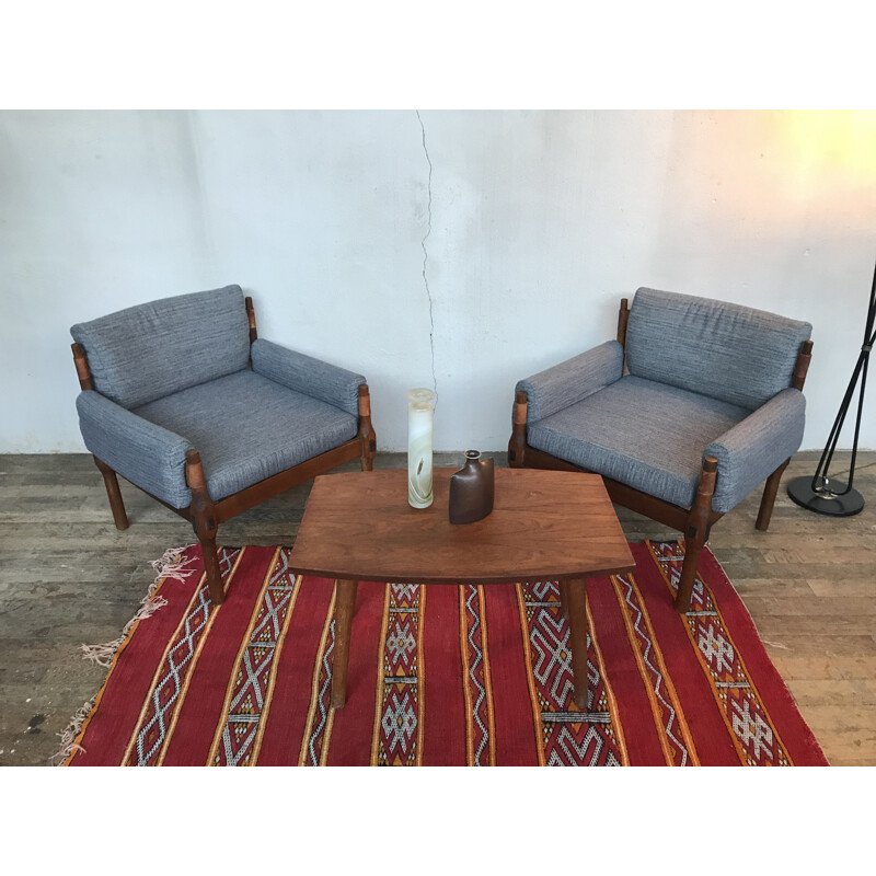 Pair of grey armchairs in teak