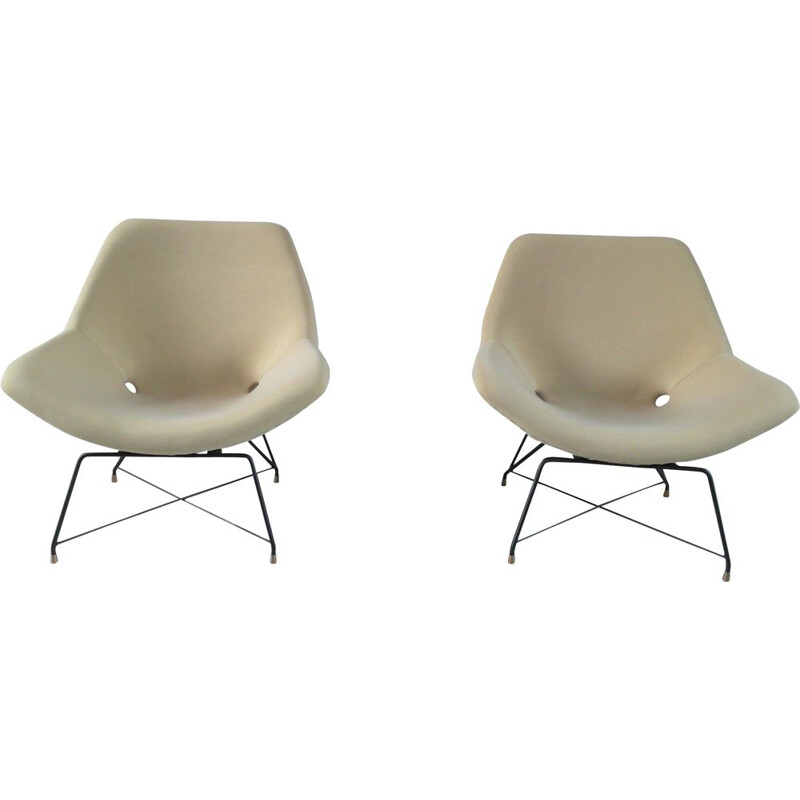 Pair of vintage armchairs for Saporiti in beige fabric and metal 1950