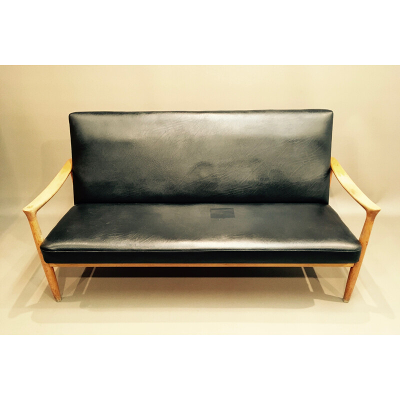 Vintage sofa in oak and leatherette by Fritz Hansen