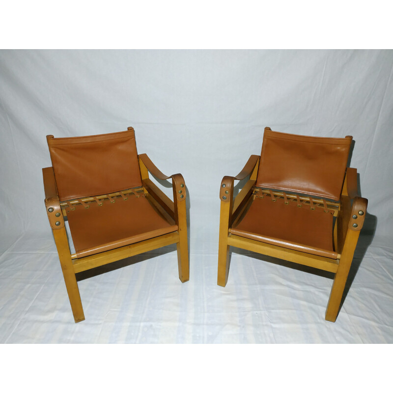 Pair of vintage armchairs Safari in leather, 1950s