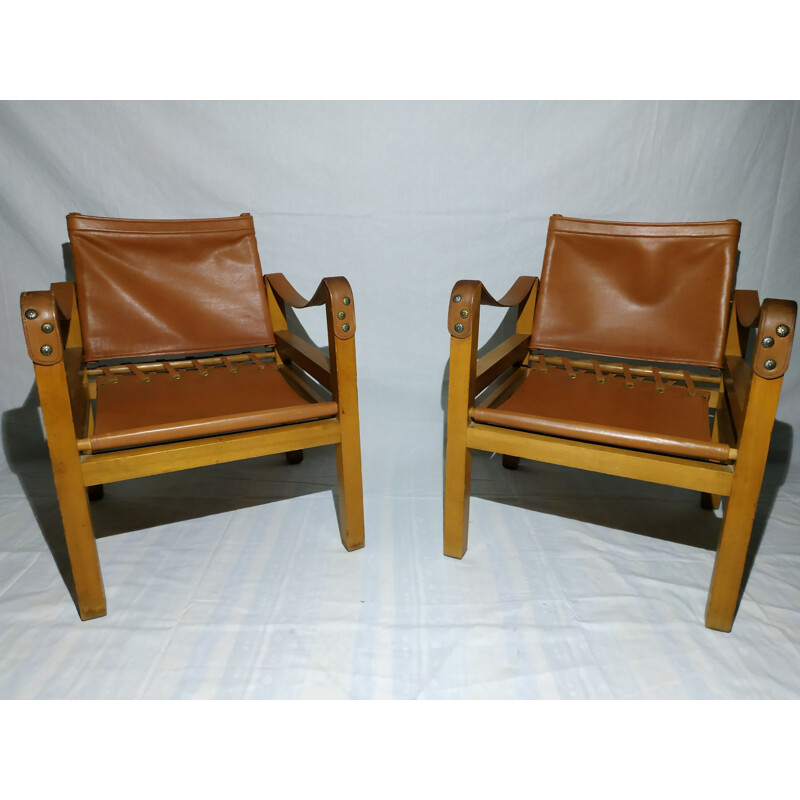 Pair of vintage armchairs Safari in leather, 1950s