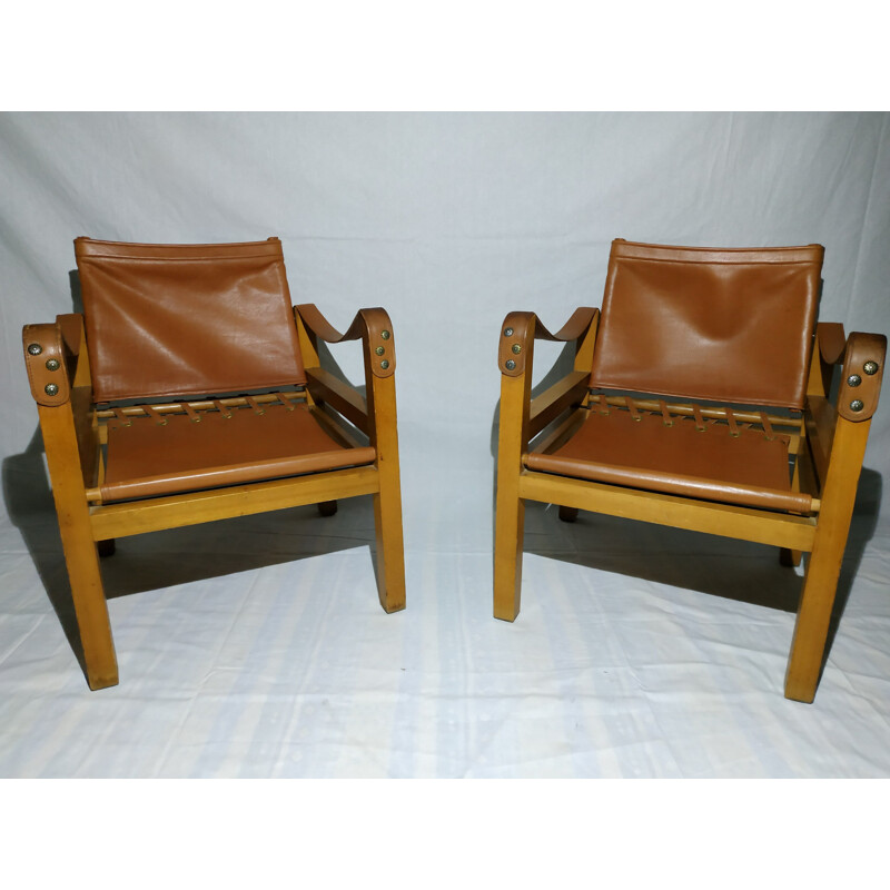 Paire de fauteuils vintage safari en cuir années 50