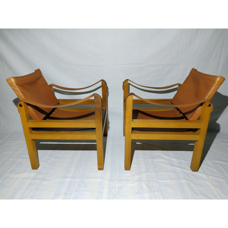 Pair of vintage armchairs Safari in leather, 1950s